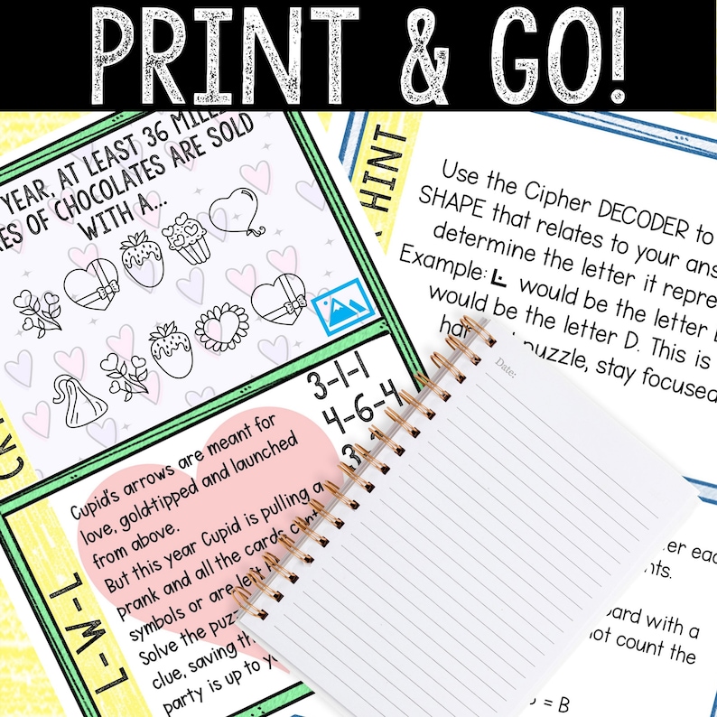 May include: A printable Valentine's Day activity for children. The activity includes a cipher decoder, a list of symbols, and a riddle. The riddle says "Cupid's arrows are meant for love, gold-tipped and launched from above. But this year Cupid is pulling a prank and all the cards are left with a clue, saving the party is up to you."