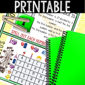 K&ouml;nnte beinhalten: Druckbare Arbeitsblatt mit gr&uuml;nem Hintergrund und dem Text "LOCK IS:" und einem Matheproblem. Das Arbeitsblatt enth&auml;lt auch ein Gitter mit Buchstaben und ein Bild eines Riesenrads, Ballons und Geschenke. Der Text "SPELL OUT EACH NUMBER" ist in Rot geschrieben.