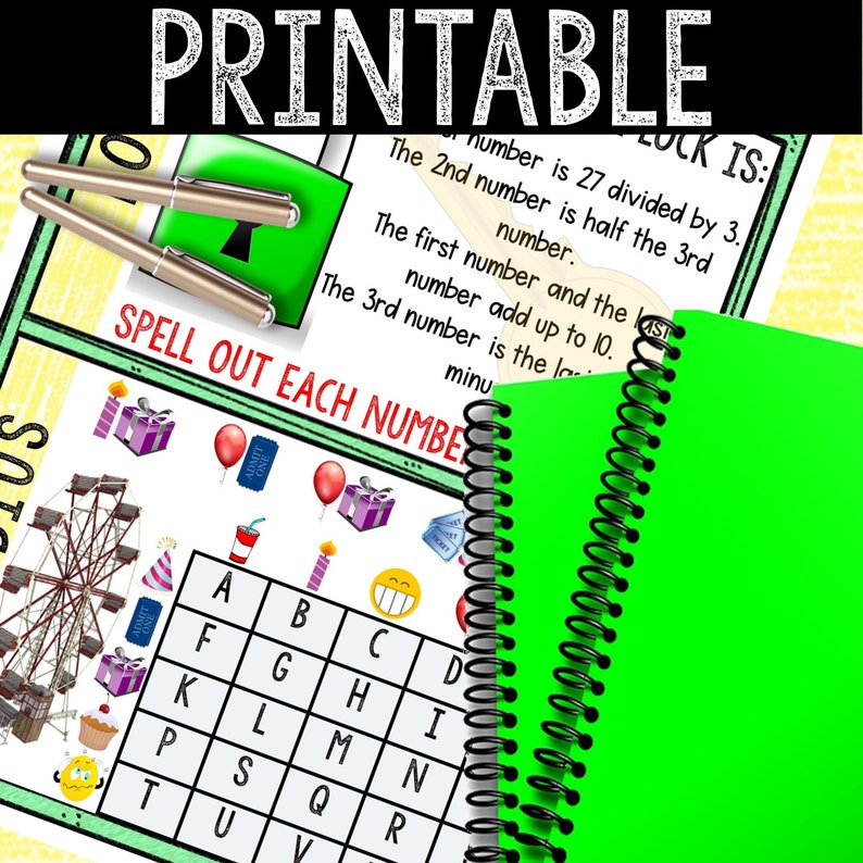 K&ouml;nnte beinhalten: Druckbare Arbeitsblatt mit gr&uuml;nem Hintergrund und dem Text "LOCK IS:" und einem Matheproblem. Das Arbeitsblatt enth&auml;lt auch ein Gitter mit Buchstaben und ein Bild eines Riesenrads, Ballons und Geschenke. Der Text "SPELL OUT EACH NUMBER" ist in Rot geschrieben.