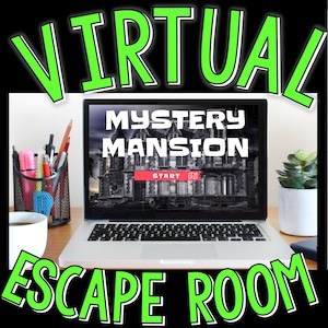 Puede incluir: La pantalla de un ordenador portátil muestra un juego de escape room virtual llamado "Mystery Mansion" con un botón de "Inicio". El portátil está sobre un escritorio con una taza de café, un porta lápices y una planta en maceta.