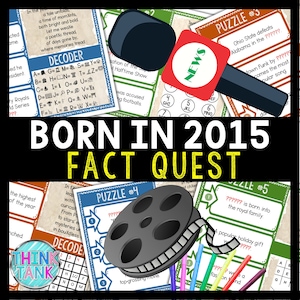 May include: A colourful game board with the title "Born in 2015 Fact Quest". The board features several puzzles with clues and a decoder key. The puzzles are themed around events and pop culture from the year 2015.