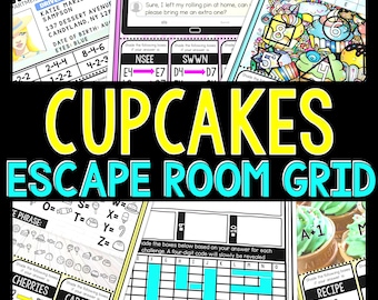May include: A colorful printable escape room grid for a cupcake-themed party. The grid features a variety of challenges, including a driver's license, a word search, and a code-breaking puzzle. The grid is designed to be printed and used as a fun and engaging activity for kids.