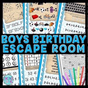 以下が含まれることがあります： 男の子の誕生日パーティー用の印刷可能な脱出ゲーム。このゲームには、単語検索、コード解読パズル、論理パズルなど、さまざまなパズルとチャレンジが含まれています。このゲームは、あらゆる年齢の子供たちが楽しく、魅力的にできるように設計されています。