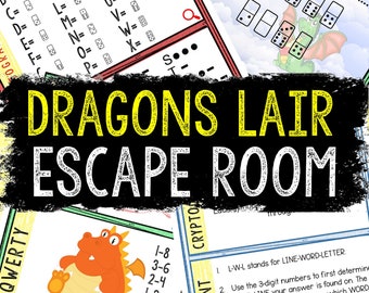 Può includere: Un gioco di escape room stampabile a tema drago. Il gioco include un'attività di decrittazione del codice con i domino e un crittogramma. Il testo sulla carta del gioco dice "Dragons Lair Escape Room".