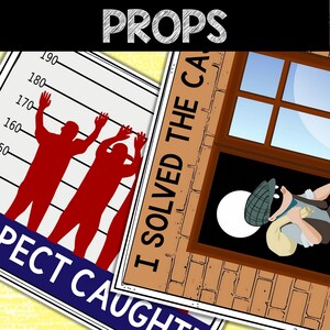 May include: A set of props for a detective game. One prop is a red silhouette of three people with their hands up against a white and black background with the text "Suspect Caught". The other prop is a brown brick wall with a window and the text "I Solved The Case".
