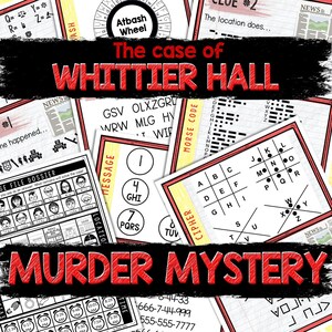 Puede incluir: Una tarjeta de título roja y negra para un juego de misterio de asesinato llamado "El caso de Whittier Hall". La tarjeta presenta una variedad de pistas y rompecabezas, incluyendo un gráfico de código Morse, una rueda de cifrado y un decodificador de mensajes. El juego está diseñado para que los jugadores resuelvan el misterio de quién mató a Whittier Hall.