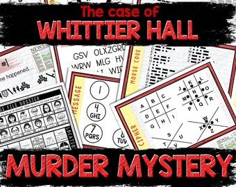 May include: A red and black title card for a murder mystery game called "The Case of Whittier Hall". The card features a variety of clues and puzzles, including a Morse code chart, a cipher wheel, and a message decoder. The game is designed for players to solve the mystery of who killed Whittier Hall.