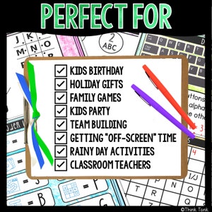 May include: A white checklist with a green and blue ribbon on the left side. The checklist has a list of activities, including "Kids Birthday", "Holiday Gifts", "Family Games", "Kids Party", "Team Building", "Getting "Off-Screen" Time", "Rainy Day Activities", and "Classroom Teachers".