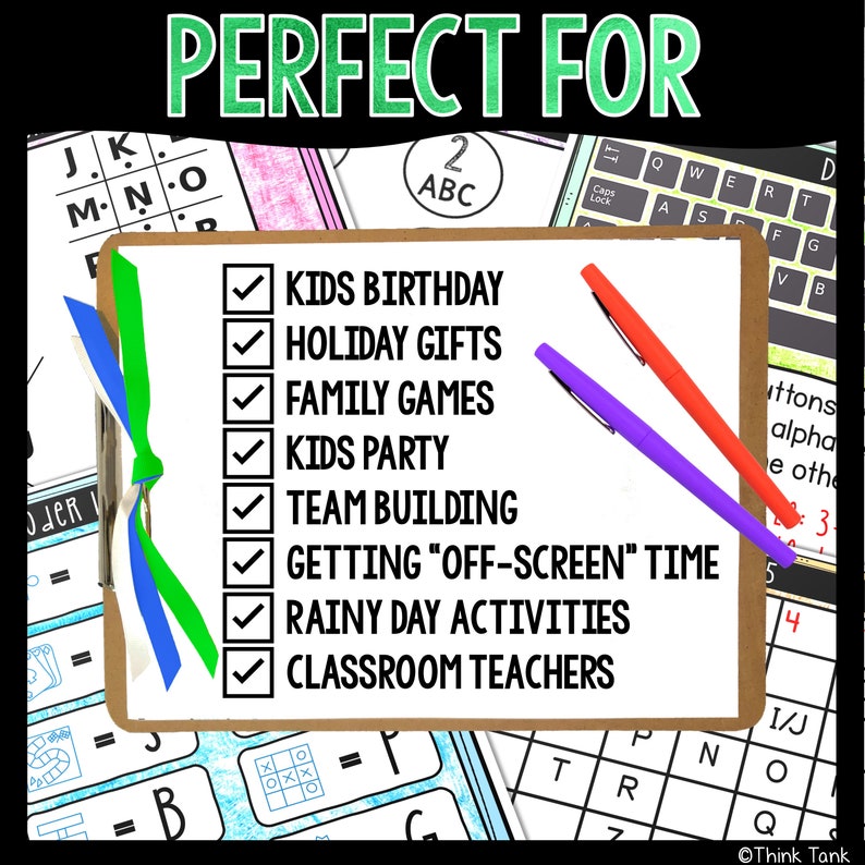 May include: A white checklist with a green and blue ribbon on the left side. The checklist has a list of activities, including "Kids Birthday", "Holiday Gifts", "Family Games", "Kids Party", "Team Building", "Getting "Off-Screen" Time", "Rainy Day Activities", and "Classroom Teachers".