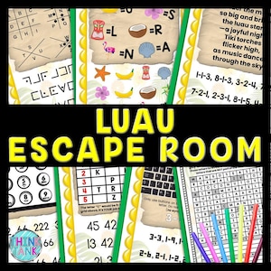 以下が含まれることがあります： カラフルなルアウ・エスケープルームゲーム。さまざまなパズルやアクティビティが楽しめます。ゲームには、単語検索、コード解読パズル、数字パズル、キー探しパズルが含まれています。子供と大人向けに設計されています。