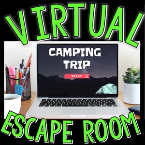 May include: A laptop computer with a screen displaying a virtual camping trip escape room game. The screen shows a starry night sky with a tent and the words "Camping Trip" and "Start". The laptop is on a desk with a cup of coffee, a pencil holder, and a potted plant.