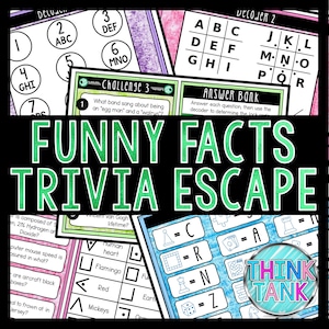 Puede incluir: Un conjunto de hojas de juego de trivia con el título "FUNNY FACTS TRIVIA ESCAPE" en verde. El juego incluye desafíos, claves de respuestas y un decodificador. El logotipo de Think Tank es visible. El juego está diseñado para poner a prueba los conocimientos con datos curiosos.