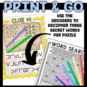 May include: A printable word search puzzle with a colorful background and a decoder key. The puzzle features the words "WORD SEARCH" and "CLUE #1".