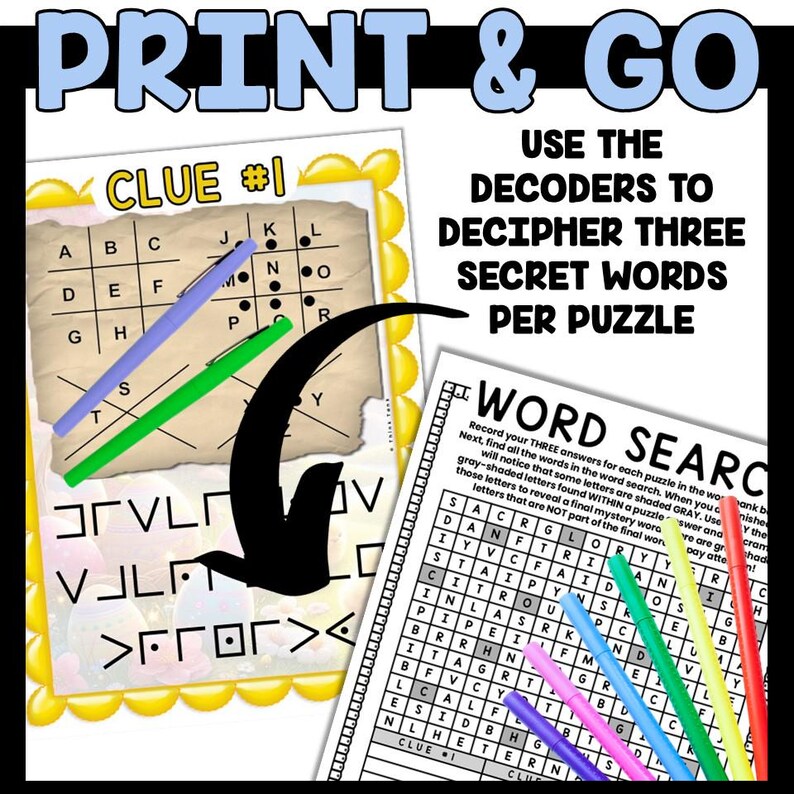 May include: A printable word search puzzle with a colorful background and a decoder key. The puzzle features the words "WORD SEARCH" and "CLUE #1".