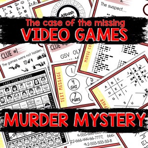 Puede incluir: Un póster rojo y negro con el texto "The case of the missing VIDEO GAMES" y "MURDER MYSTERY". El póster incluye varias pistas y rompecabezas, como código Morse, un cifrado Atbash y una cuadrícula con letras.