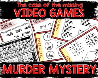 May include: A red and black poster with the text "The case of the missing VIDEO GAMES" and "MURDER MYSTERY". The poster includes various clues and puzzles, such as a Morse code, an Atbash cipher, and a grid with letters.