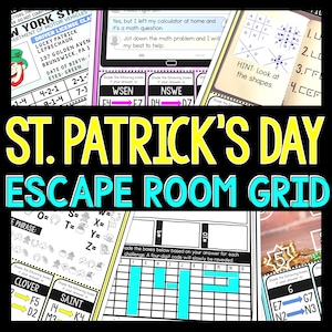 May include: A St. Patrick's Day escape room grid activity featuring a green shamrock and a leprechaun illustration. The grid includes a range of puzzles and challenges to solve, such as a word search, a code breaker, and a logic puzzle. This activity is suitable for both children and adults.