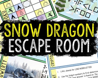 Può includere: Un gioco di escape room colorato con un'illustrazione di un drago di neve. Il gioco include una griglia con simboli, un cifrario e un suggerimento criptato. Il testo sul gioco dice "Snow Dragon Escape Room".