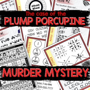 Puede incluir: Un tablero de juego rojo y blanco con el título "The case of the PLUMP PORCUPINE MURDER MYSTERY". El juego incluye una variedad de rompecabezas, incluyendo un cifrado, un código de mensaje y un código Morse.