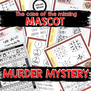 Puede incluir: Un juego de misterio de asesinato imprimible con el título "El caso del MASCOT desaparecido" y el subtítulo "MURDER MYSTERY". El juego incluye una variedad de rompecabezas, incluyendo un cifrado, un mensaje, un código Morse y un expediente.