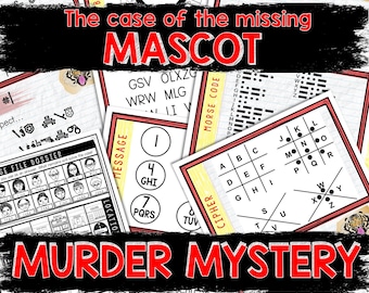 May include: A printable murder mystery game with the title "The case of the missing MASCOT" and the subtitle "MURDER MYSTERY". The game includes a variety of puzzles, including a cipher, a message, a Morse code, and a file dossier.