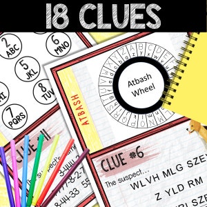May include: A printable worksheet with 18 clues for a code-breaking game. The clues use an Atbash cipher, a simple substitution cipher where the letters of the alphabet are reversed. The worksheet includes a circle with the alphabet arranged in a circle, with the letters reversed. The worksheet also includes a section with numbers and letters, and a section with a list of numbers.
