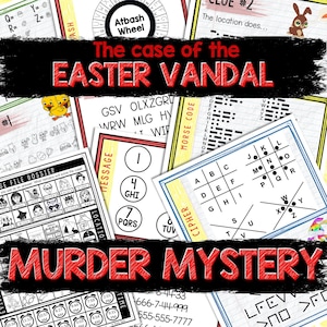 May include: A colourful printable murder mystery game with the title "The case of the Easter Vandal" and the words "Murder Mystery" in red. The game includes a variety of puzzles, including a cipher, a message code, and a file dossier.