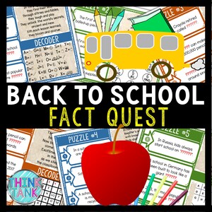 May include: A colourful back to school fact quest game featuring a yellow school bus, red apple, and colourful pencils. The game includes five puzzles with questions and answers about school facts. The game is designed to be fun and educational for children.