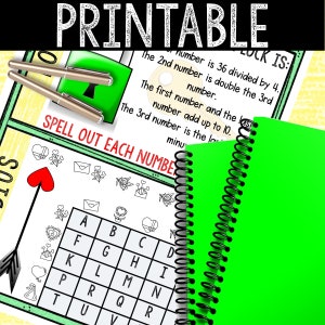 May include: Printable Valentine's Day lock and key game with a grid of letters and a set of clues. The clues involve spelling out numbers and solving a simple math problem. The game is designed to help children learn about numbers and spelling.