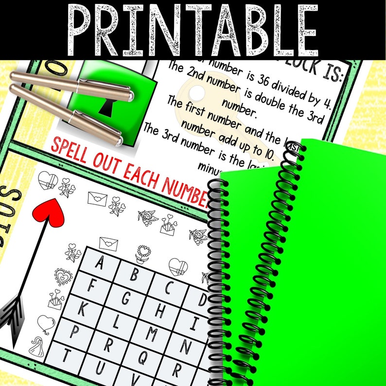 May include: Printable Valentine's Day lock and key game with a grid of letters and a set of clues. The clues involve spelling out numbers and solving a simple math problem. The game is designed to help children learn about numbers and spelling.