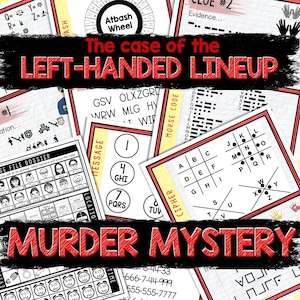 Puede incluir: Un juego de misterio de asesinato imprimible con el título "The case of the LEFT-HANDED LINEUP" y las palabras "MURDER MYSTERY" en rojo. El juego incluye una variedad de rompecabezas, incluyendo un cifrado, un mensaje, un código Morse y un expediente.