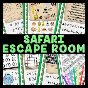 以下が含まれることがあります： 「サファリエスケープルーム」というタイトルの緑と白の印刷可能な脱出ゲーム。ゲームには、単語検索、コード解読パズル、ロジックパズルなど、さまざまなパズルが含まれています。パズルはすべてサファリ冒険をテーマにしています。