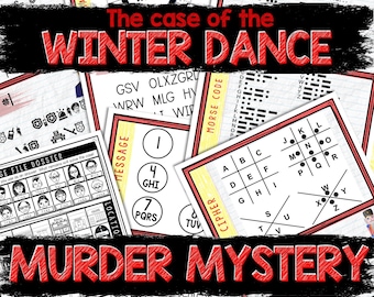 May include: A printable murder mystery game titled "The Case of the Winter Dance" with a red and white color scheme. The game includes a variety of puzzles, including a cipher, a Morse code, and a message code.