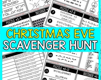 May include: A black and white printable Christmas Eve scavenger hunt game with 12 puzzles. The puzzles include a code breaker, a word search, and a morse code puzzle. The game is designed for kids and adults.