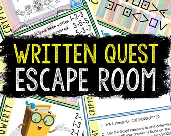 Puede incluir: Un juego de escape room colorido con un personaje de libro que lleva gafas y el título "Written Quest Escape Room". El juego incluye un cifrado, un criptograma y un teclado QWERTY.