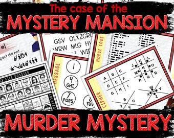 Pode incluir: Um gráfico vermelho e branco com o texto "The case of the MYSTERY MANSION MURDER MYSTERY" e vários códigos e cifras. Os códigos incluem uma roda Atbash, código Morse, uma cifra e um código de mensagem.