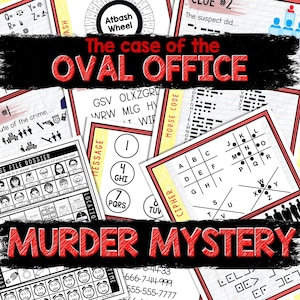 Puede incluir: Una tarjeta de título roja y negra para un juego de misterio de asesinato llamado "El caso de la Oficina Oval". El juego incluye una variedad de rompecabezas, incluyendo un código Morse, un cifrado y una rueda Atbash. El juego está diseñado para adultos y es perfecto para una noche de juegos con amigos.