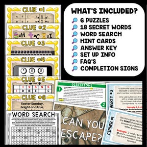 May include: A set of six Easter-themed escape room puzzles for kids. The puzzles include a word search, cipher, and decoder. The puzzles are designed to help kids learn about Easter and have fun at the same time.