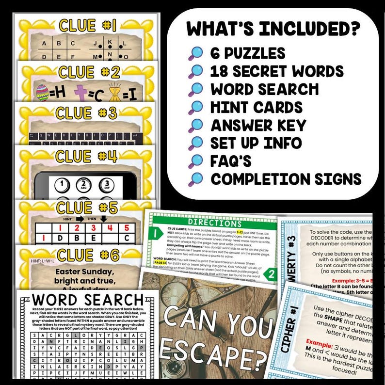 May include: A set of six Easter-themed escape room puzzles for kids. The puzzles include a word search, cipher, and decoder. The puzzles are designed to help kids learn about Easter and have fun at the same time.