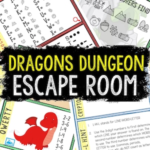 Könnte beinhalten: Eine weiße Karte mit schwarzem Rand zeigt einen roten Drachen mit langem Schwanz und Flügeln. Die Karte hat eine Liste von Zahlen auf der rechten Seite. Die Karte ist Teil eines Spiels namens "Dragons Dungeon Escape Room".