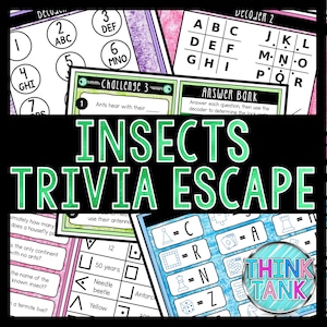 May include: A green and black printable escape room game for kids about insects. The game includes a trivia section, a decoder, and an answer bank. The game is designed to be fun and educational for children.