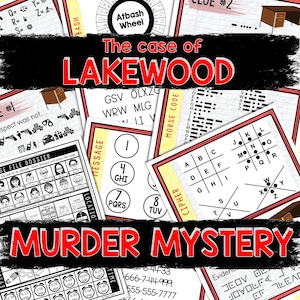 May include: A selection of murder mystery game components. The title "The case of LAKEWOOD MURDER MYSTERY" is in red. The image includes clue cards, cipher keys, Morse code charts, and a suspect dossier.