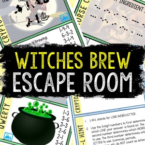 Puede incluir: Un juego de escape room de Witches Brew con un caldero verde y una imagen en blanco y negro de brujas volando en escobas. El juego incluye un criptograma con una pista para usar el teclado QWERTY para resolver el rompecabezas.