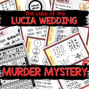 Puede incluir: Un juego de "Misterio de Asesinato" rojo y negro con una tarjeta de título que dice "El caso de la boda de Lucia". El juego incluye una variedad de rompecabezas y códigos para resolver, incluyendo un cifrado, un mensaje, un código Morse y una rueda Atbash.