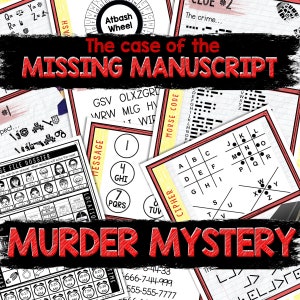 May include: A red and white printable murder mystery game with the title "The case of the MISSING MANUSCRIPT" and the subtitle "MURDER MYSTERY". The game includes a variety of puzzles, including a cipher, a message code, and a location map.
