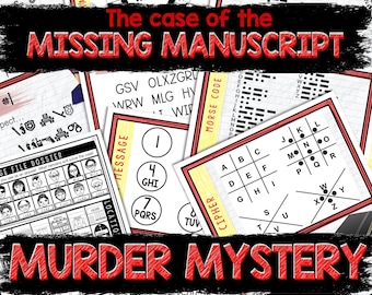 May include: A red and white printable murder mystery game with the title "The case of the MISSING MANUSCRIPT" and the subtitle "MURDER MYSTERY". The game includes a variety of puzzles, including a cipher, a message code, and a location map.