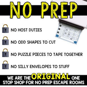 Puede incluir: Un gr&aacute;fico amarillo y negro con el texto "NO PREP" en letras grandes y en negrita. El gr&aacute;fico enumera cuatro razones por las que estas salas de escape son "sin preparaci&oacute;n" con un icono de candado junto a cada raz&oacute;n: "NO HOST DUTIES", "NO ODD SHAPES TO CUT", "NO PUZZLE PIECES TO TAPE TOGETHER", y "NO SILLY ENVELOPES TO STUFF". El gr&aacute;fico tambi&eacute;n incluye el texto "WE ARE THE ORIGINAL ONE STOP SHOP FOR NO PREP ESCAPE ROOMS".