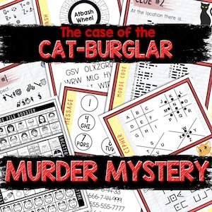 May include: A red and black "Murder Mystery" game with a cat theme. The game includes a variety of puzzles, including a cipher, a message code, and a file dossier. The game is designed for ages 10 and up.