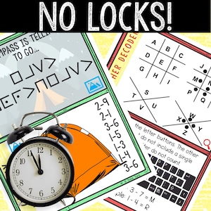 Puede incluir: Un juego de escape room imprimible con el texto "No Locks!" y un reloj configurado a las 12:00. El juego incluye un rompecabezas de descifrado de c&oacute;digo con una tienda de campa&ntilde;a y un gr&aacute;fico de monta&ntilde;a, un rompecabezas de cuadr&iacute;cula de letras y un teclado con botones de letras.