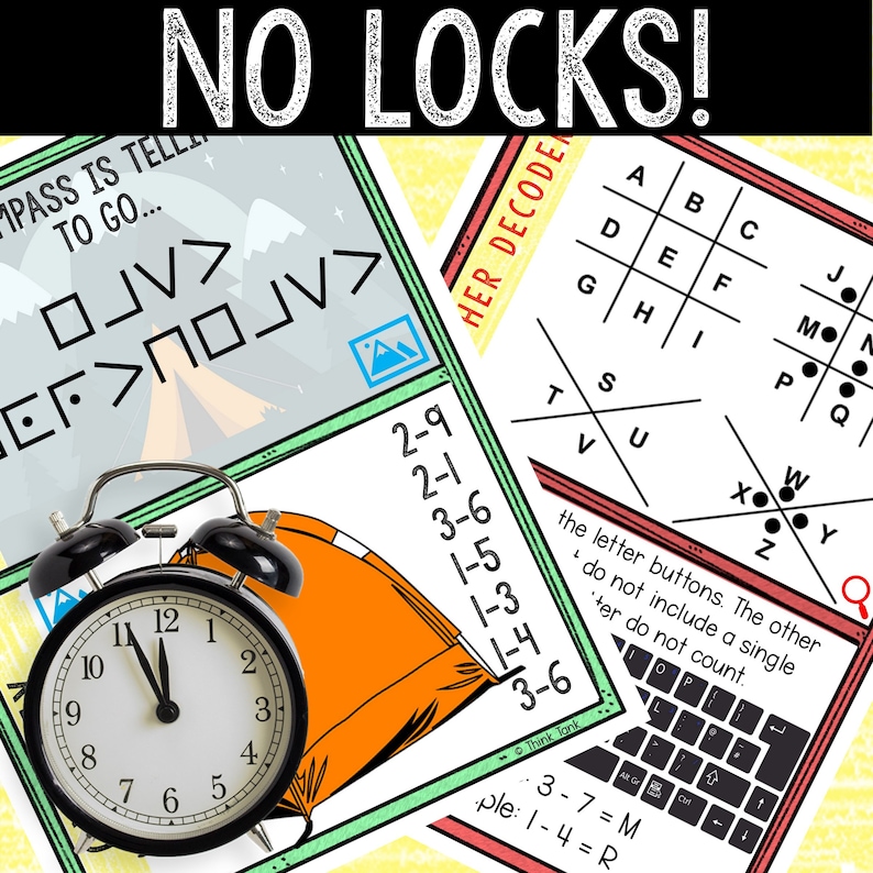 Puede incluir: Un juego de escape room imprimible con el texto "No Locks!" y un reloj configurado a las 12:00. El juego incluye un rompecabezas de descifrado de c&oacute;digo con una tienda de campa&ntilde;a y un gr&aacute;fico de monta&ntilde;a, un rompecabezas de cuadr&iacute;cula de letras y un teclado con botones de letras.